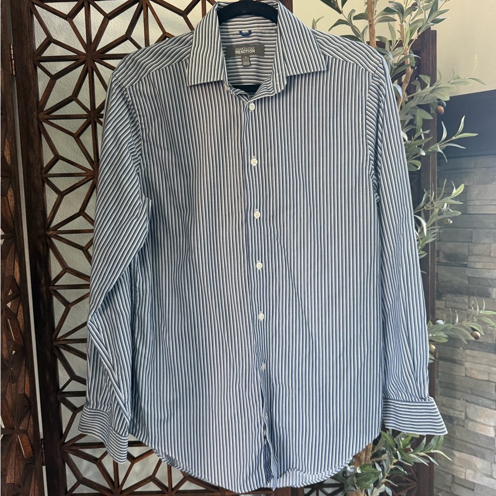 Kenneth Cole Blue and White Vertical Stripe Dress Shirt